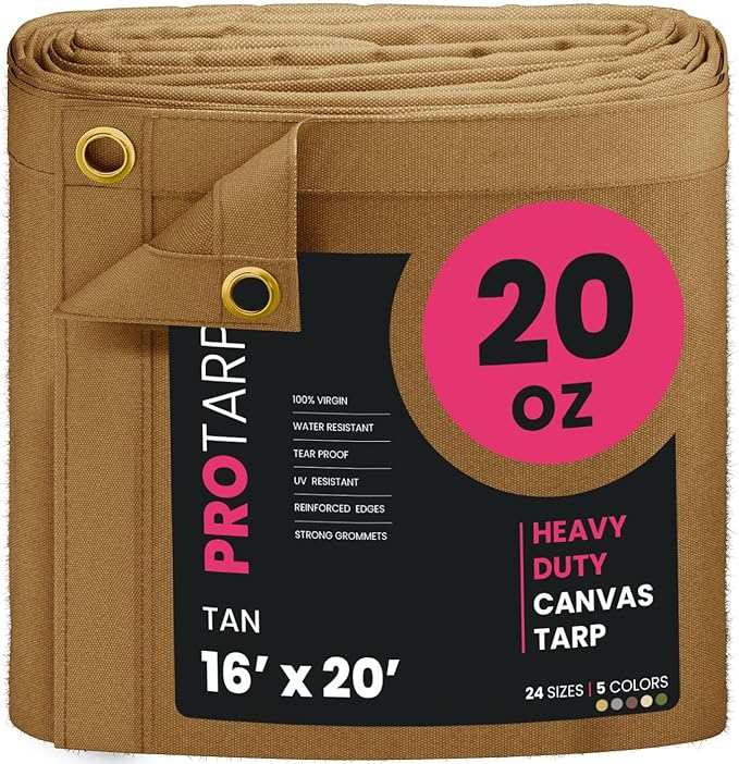 PROTARP Extreme Heavy Duty 20 OZ Water Resistant Canvas Tarp, UV Resistant Tarpaulin Cover with Rustproof Brass Grommets, Multipurpose for Canopy, Roof, Camping, Woodpile (Tan 16'X20')
