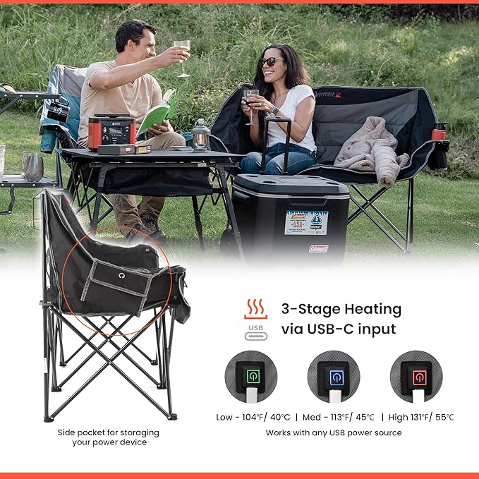ARROWHEAD OUTDOOR 57" Wide Duo Foldable Heated Camping Loveseat Chair with 3-Stage Heating, Large Cup Holders, Glass Holders, Side Pockets, and Storage Pouches
