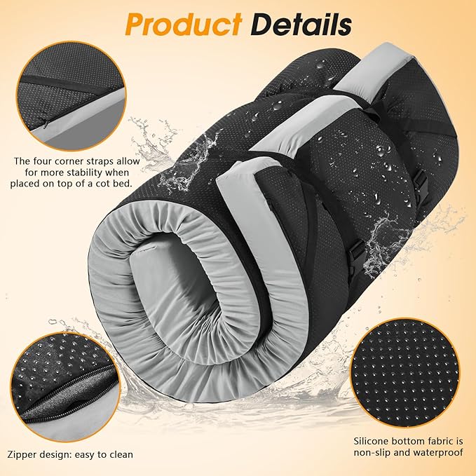 CYMULA Camping Cot Mattress 2in Memory Foam Sleeping Pad,Soft Warm Non-Slip Camping Mattress Topper with Retaining for Adults,Portable Roll up Pad for Travel(75 x30)（only Mattress）