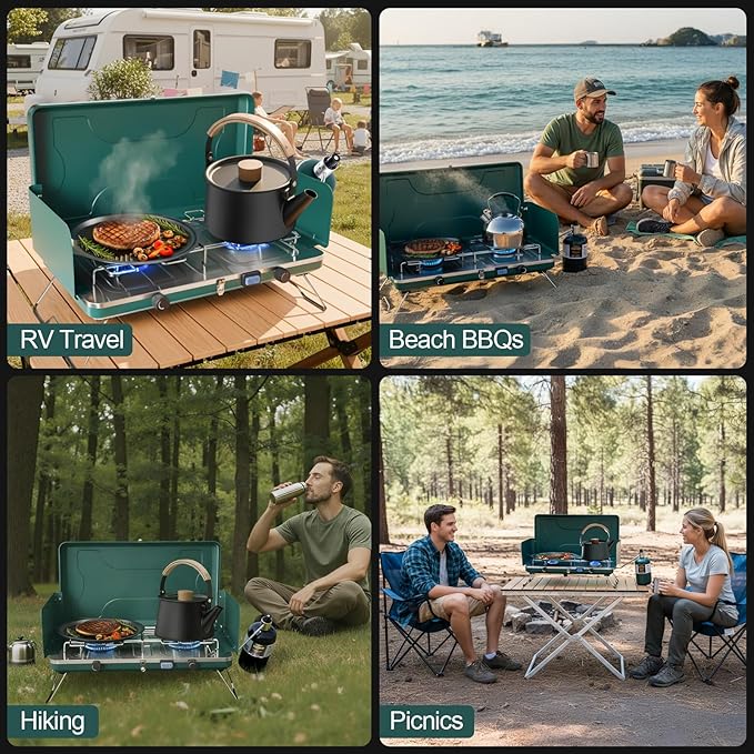 2 Burner Propane Stove, 20000BTU Portable Camping Stove with 2 Adjustable Burner and Wind Guards, Camping Cooktop with Ignition & Griddle for Camping,Tailgating, BBQ, Grilling,Outdoor Gear