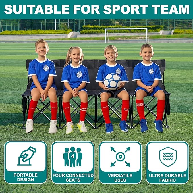 1MORE Soccer Bench - Portable Folding Team Bench, 6 Seats Foldable Sideline Benches, Soccer Chair with Bag & Backrest, Adult Team Chair for Football Camp Sport Events Outdoor Seating.Black-2PACK
