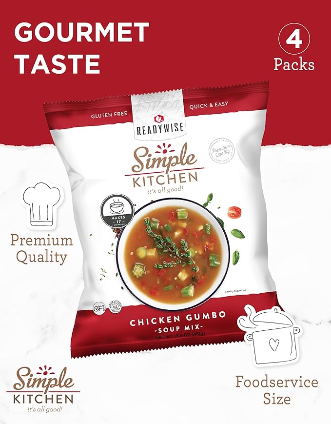Simple Kitchen Chicken Gumbo Soup Mix - 17 Servings for Family Meal Prep, Gluten Free, Dehydrated & Freeze Dried Survival Food for Camping Meals, Backpacking & Hiking, Survival Kit, Pack of 4