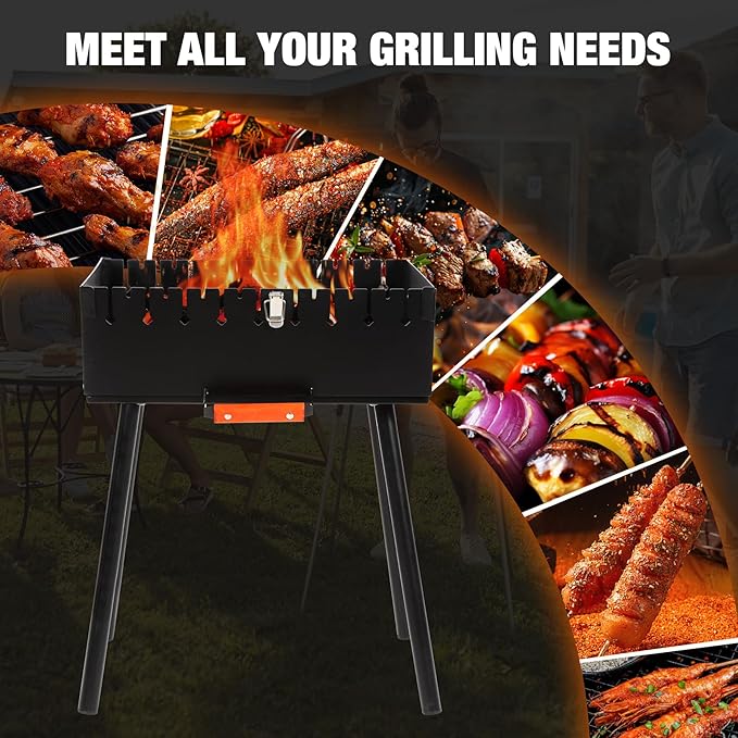 Lineslife Portable Charcoal Grill, Foldable Heavy Duty Metal Mangal BBQ Kabob Grill for Outdoor Backyard Camping Picnic Travel Cooking Hiking