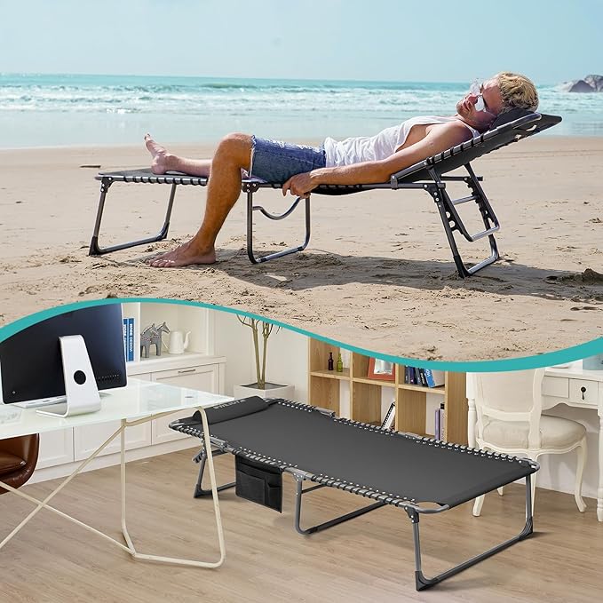 #WEJOY Folding Lounge Chair Outdoor, 5-Position Adjustable Sunbathing Tanning Chair with Shoulder Strap & Side Pocket, Heavy Duty Reclining Chair for Patio Pool Camping, Portable Folding Bed Cot,Black