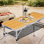 Tri-fold Folding Picnic Table,Outdoor Camping Table Lightweight Portable Aluminum Outdoor Table with Adjustable Heights with Carry Handle,for Outdoor Indoor Hiking Camp BBQ Beach (Wooden, 3ft)