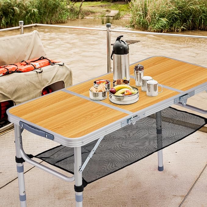 Folding Camping Table, Aluminum Folding Table with Carrying Handle, Lightweight, Portable Camping Table Waterproof for Outdoor Indoor Picnic Beach BBQ (Wood Color, 3ft)
