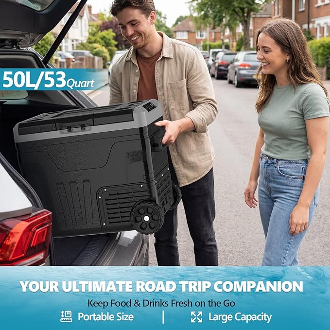 Kndko 12 Volt Car Refrigerator, 53 Quart (50L) Compressor Electric Cooler, Portable Car Fridge 12V/24V DC 100-240V AC, -4℉~68℉, 12v Fridge with Wheels & Baskets for Road Trip, Truck, Camping, Boat