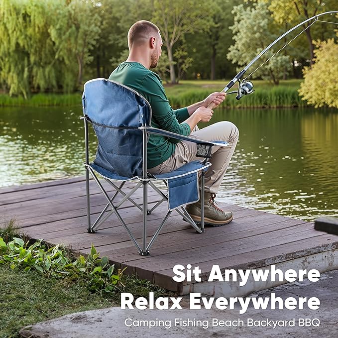 DUMOS Folding Camping Chairs, Outdoor Collapsible Padded Chairs with Cup Holder & Cooler Bag, Heavy Duty Portable Camping Chair for Garden Beach Fishing Sports, Blue
