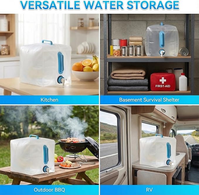 4-Pack 5.3Gal Collapsible Water Containers with Spigot - Labor-Saving Dual Handles - BPA Free Food Grade Canteen for Outdoor Hiking, Camping, Emergency - Portable, Foldable