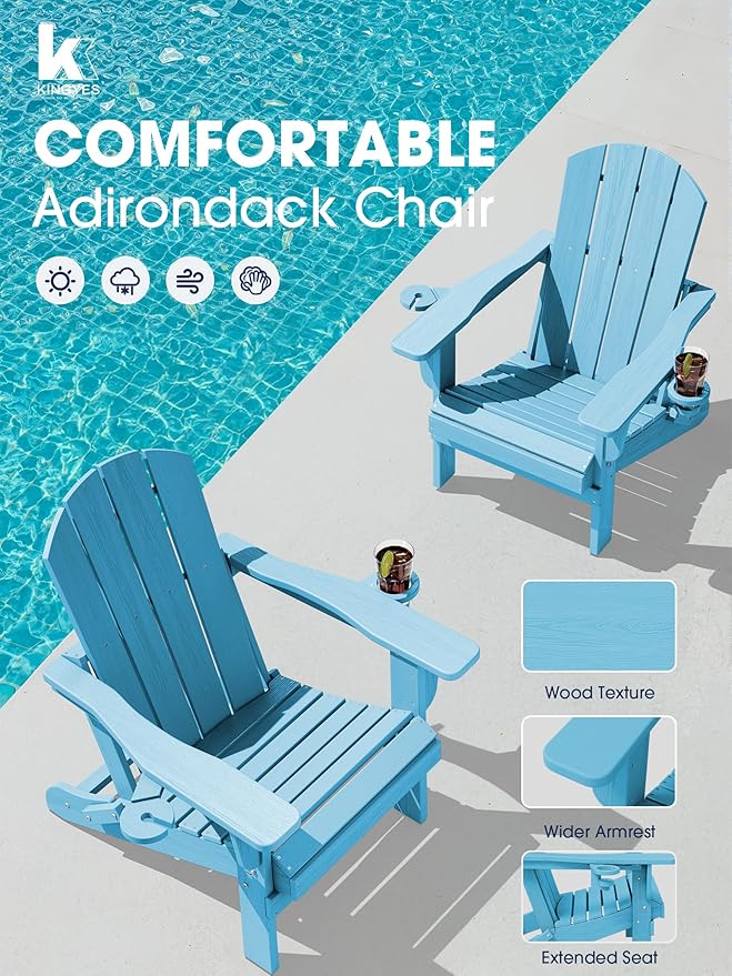 KINGYES Folding Adirondack Chair Set of 2, Dual Cup Holders & All-Weather HDPE, Wood-Like Patio Chair for Backyard, Camping, Pool & Fire Pit, Light Blue