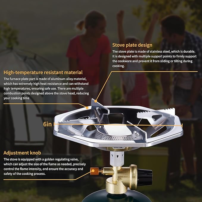 Propane Camping Stove With High Power Burner, Single Burner Bottle Top Propane Stove Adjustable Flame for Backpacking,Hiking,Camping,Tank Top Stove With USB Cable (Fuel not included)
