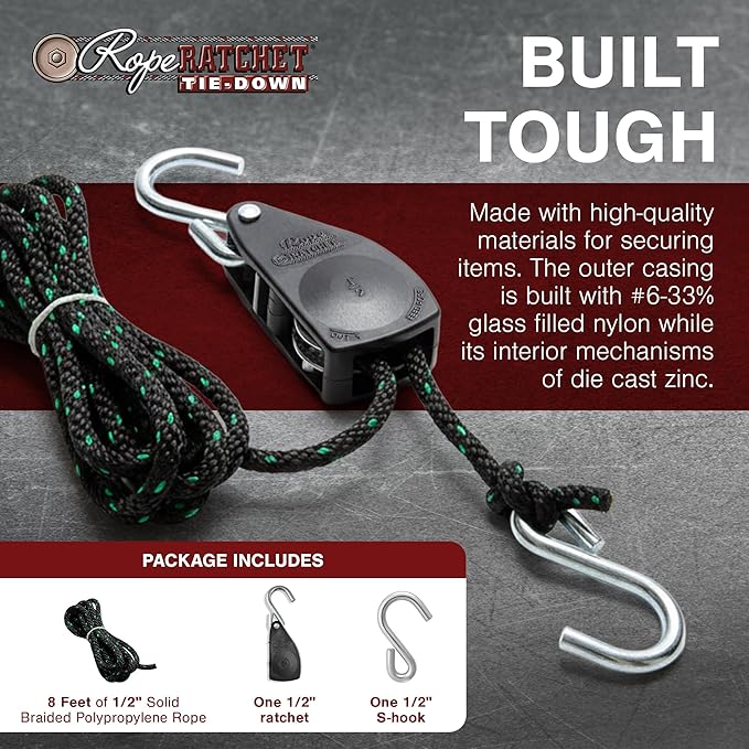Rope Ratchet 1/2" with Locking Pulley, Adjustable Hanger for Grow Lights, Canopies, Kayaks, Tents, Camping, 8' Braided Polypropylene Rope, 500 lb Capacity, Ideal for Roof Rack, Tarp, Canoe Tie Downs