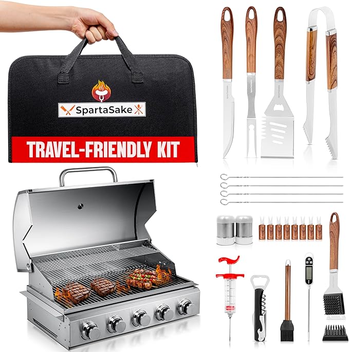 SpartaSake Premium Stainless Steel BBQ Grilling Accessories with Steel Handles - Barbecue Gill Accessories Set for Blackstone Griddle - Outdoor Camping Grill Set for BBQ for Dad Men Women (24-Pack)