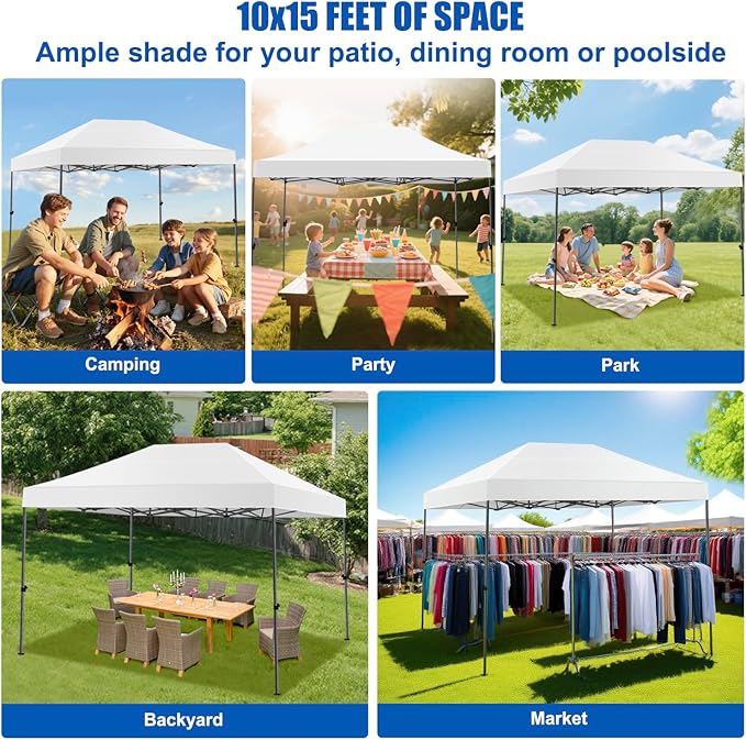 Yesker 10x15 Pop Up Canopy Tent - Instant Outdoor Canopy Easy Setup Gazebo, Waterproof & UV Protection, Large Adjustable Height Instant Sun Shelter Tents for Patio Backyard Market Party Events, White
