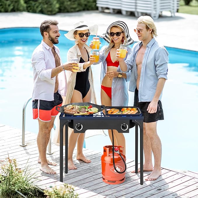 Karl home 2 Burner Propane Gas Stove, 15,0000 BTU Camping Cooker with Removable Legs & Adjustable PSI Regulator for Baking Frying Backyard Cooking BBQ Outdoor