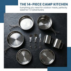 14-Piece Camping Cookware Set, 304 Stainless Steel Pots and Pans with 2 Sets of Cups, Plates, Forks, Knives, and Spoons for Camping, Backpacking, Outdoor Cooking, and Picnic