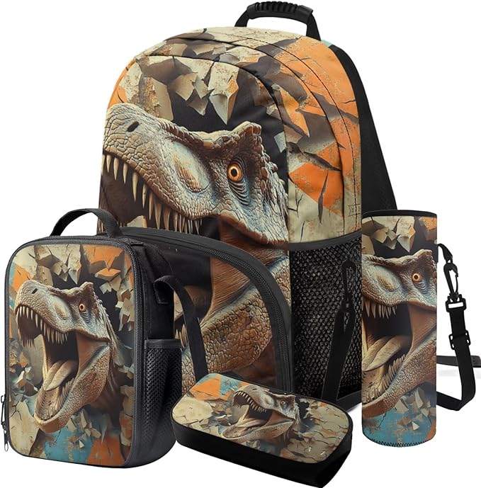 Dinosaur Backpack with Lunchbox Cool Kids Backpack Lightweight Trendy Bookbag for Boys 8-12 with Lunch Box 4 Piece School Bag for Boys 7-8 Outdoor Daypack Travel Back to School Gifts