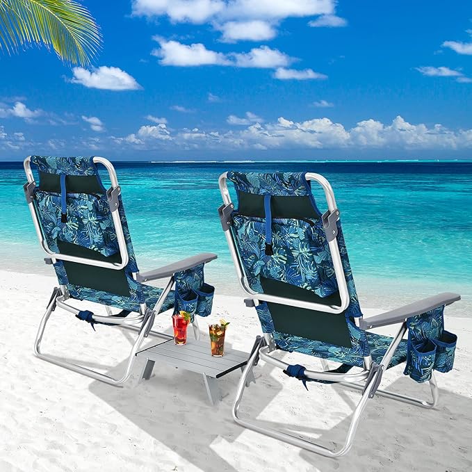 Goplus Beach Chair, Folding Backpack Beach Chairs for Adults with 5 Positions, Head Pillow, Cooler Bag, Towel Bar, Cup Holders, Sunbath Sling Tanning Lounge, Foldable Layout Camping Chairs