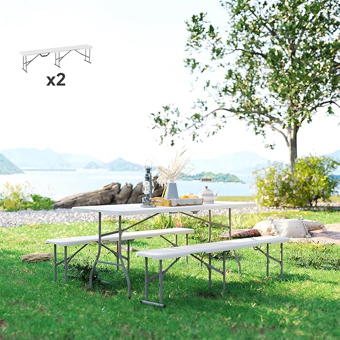 Outsunny 2-Pack 6 Ft. Plastic Folding Benches, Portable Foldable Bench Seats with Carrying Handle, Non-Slip Mat, HDPE Tabletop, Picnic Benches for Camping Dining Picnic BBQ Sports, White