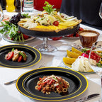 bUCLA 300PCS Black and Gold Disposable Dinnerware Set - 50 Guests Black Plastic Plates with Gold Rim Include 50 Dinner / 50 Dessert Plates, 50 Forks,50 Knives,50 Spoons&50 Cups for Party&New Year