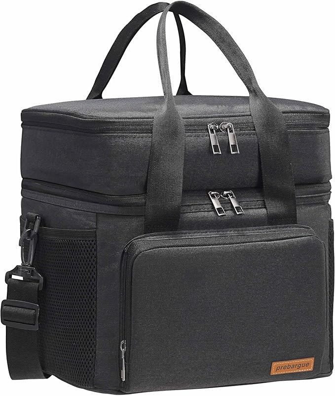 Lunch Bag-Double Deck Insulated Lunch Box for Men Women, Soft Leakproof Thickened Cooler Bag for Work , Picnic, Outdoor, Camping, Travel (Black，15L)