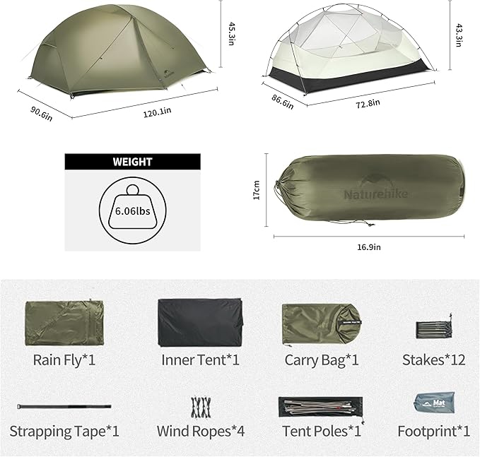 Naturehike Mongar Pro 1/2/3 Person Backpacking Tent,Waterproof Nylon Easy Setup Lightweight Camping Tent