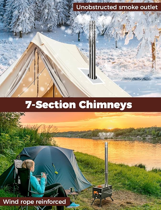 Upgraded Hot Tent Stove – High-Temperature Wood Burning with 7-Section Roll-Edge Chimney, Reinforced Door Frame, Airtight Body & Tempered Glass – Portable for Camping, Ice Fishing, Hunting