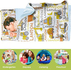 Personalized Toddler Nap Mat for Preschool, Custom Name Kids Sleeping Bag for Daycare, Kindergarten Roll Up Sleeping Mat with Removable Pillow and Soft Blanket, Fun Themes for Boys & Girls