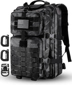 MOLLE Assault Pack, Tactical Backpack Military Army Camping Rucksack, 3-Day Pack Trip w/USA Flag Patch, D-Rings, Black Camo
