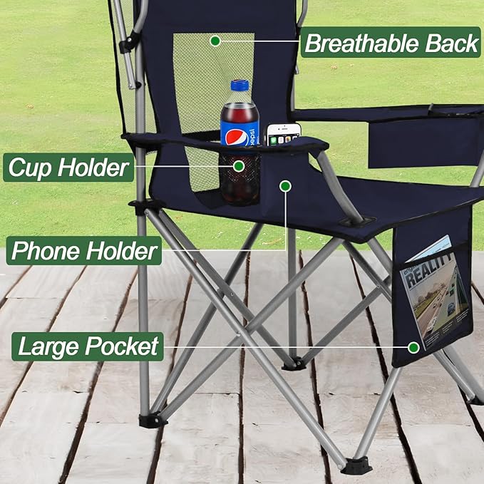 ptlsy Folding Camping Chair with Canopy, Beach Chair with Canopy Shade with Cup Holders, Cooler Bag for Camping, Fishing, Beach, Sports and Concert (Navy)