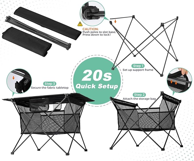 Lightweight Camping Table - Portable Folding Beach Side Table w/2 Cup Holders & Large Storage Basket, Compact Fold for Tailgate Travel Outdoor Fishing Picnic | 29.2" W x 21.7" D (Black)