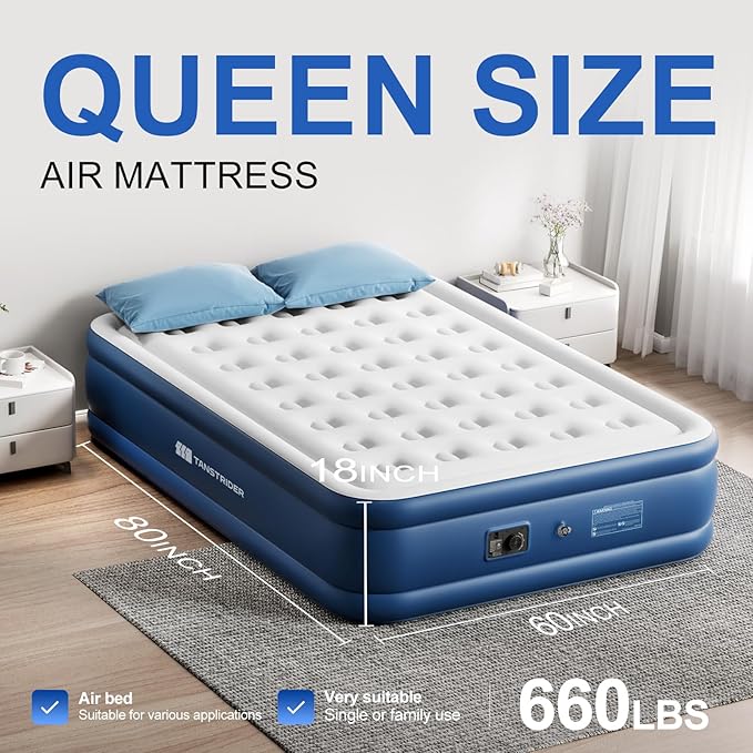 Queen Air Mattress with Built in Pump,18" Raised Blow up Mattress,3 Mins Quick Self-Inflation/Deflation, Inflatable Bed for Camping/Home/Guests/Travel (Navy)