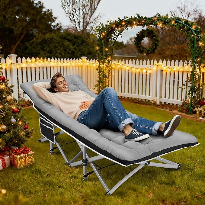 Portable Camping Cot, Sleeping Cots for Adults, 28" Extra Wide Folding Cot Max Load 600LBS with Thick Mattress, Portable Camping Bed for Outdoor Camp/Office, Home Nap (Black+Grey)