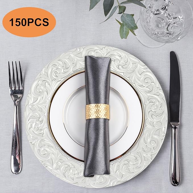 150 Pcs Silver Charger Plates Bulk, 13" Round Dinner Charger Plates, Decorative Plastic Embossed Table Chargers for Wedding Christmas Party Baby Shower Event Decoration (Silver)