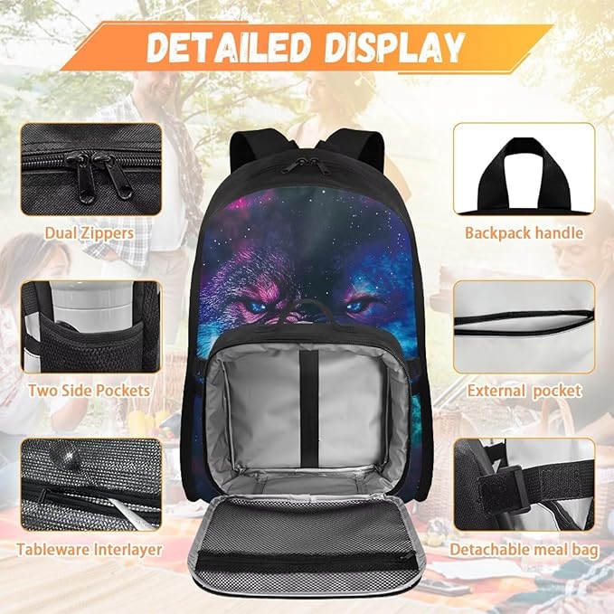 Wolf Universe Backpack with Lunch Box for Men Cool School Bag for Teen Boys Insulated Lunch Bag for Outdoor Polyester Bookbag for Travel Camping