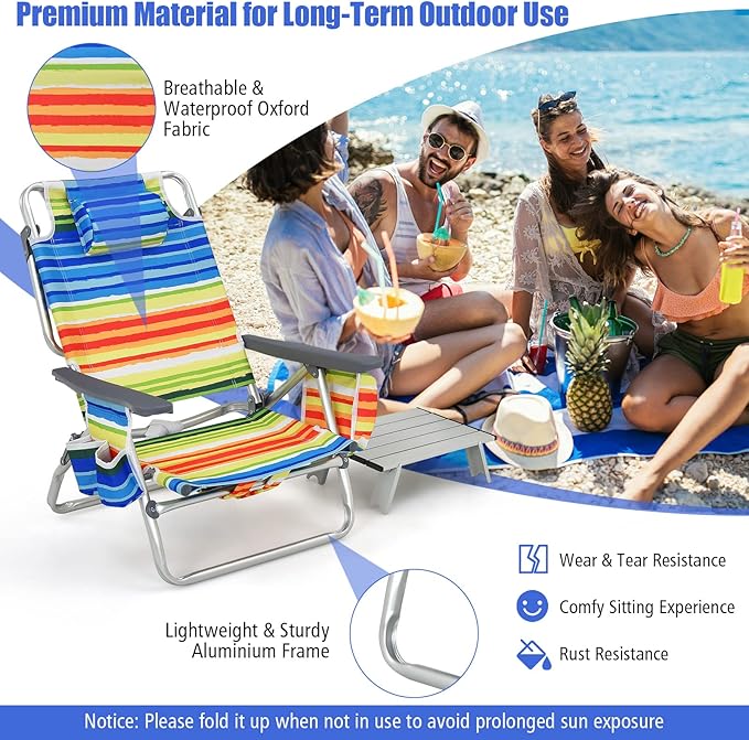Tangkula Backpack Beach Chair with Table, 5-Position Lay Flat Beach Chairs with Cooler Bag, 2 Cup Holders, Towel Bar, Lightweight Low Folding Beach Chair with Backpack Straps