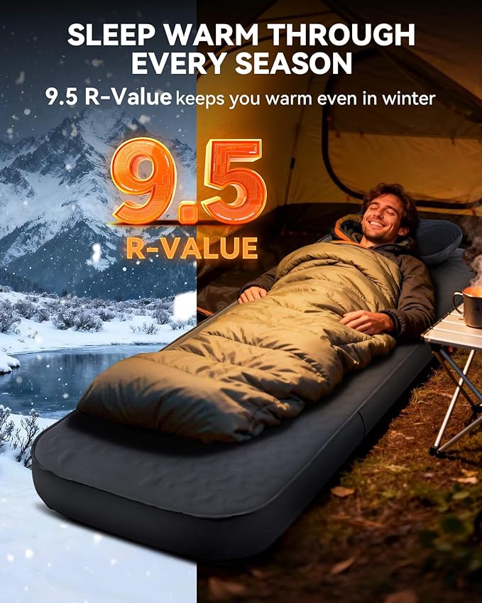 Hikenture 4" Thick Self Inflating Sleeping Pad, Foam & Air Camping Mattress, 9.5 R-Value Insulated Sleeping Mat, Portable All Season Camping Pad for Tent, Car, Cot, Truck