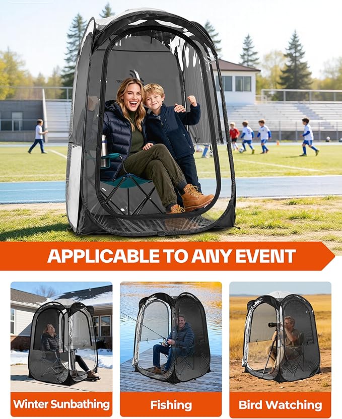 Sportneer XL Pop Up Sports Tent, 46" L x 46" W x 63.5" H Clear TPU Outdoor Shelter for 1 Adult & 1 Child, All-Weather Warm Bubble Pod with Instant Setup, Wind & Rain Protection for Spectators