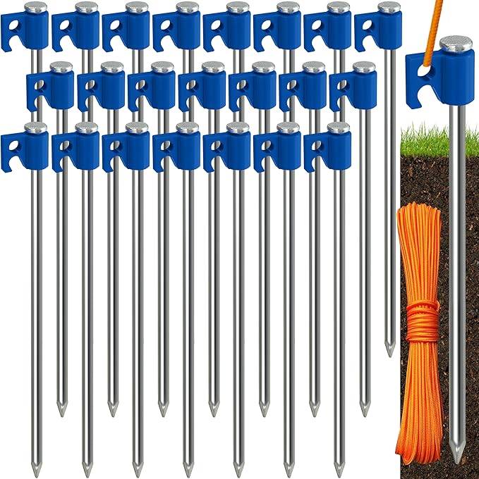 Tradesparker Tent Stakes 22-Pack 8Inch Heavy Duty Garden Stakes Canopy Anchors - Includes Ropes for Camping Tents, Pop Up Canopies and Outdoor Events, Blue