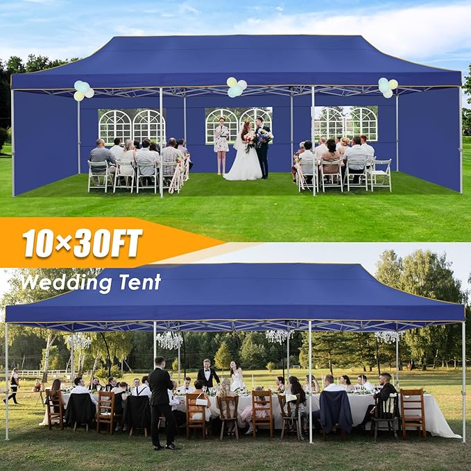 HOTEEL 10x30 Heavy Duty Pop Up Canopy Tent with 5 Sidewalls&Wheeled Bag, Commercial Event Party Tent Wedding Instant Canopy Waterproof, Upgraded Thicked Hexagonal Legs, UV 50+, Deep Blue
