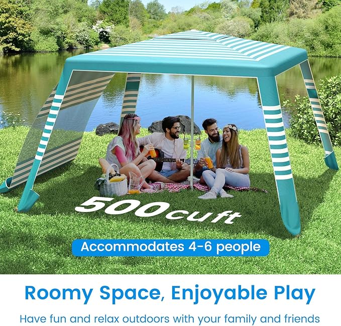 MoKo Beach Cabana, 8'×8' Large Beach Canopy with Side Wall, UPF 50+ Protection Easy Setup Beach Tent Sun Shelter, Adjustable Height Wind Resistant Cabana Beach Tent for Whole Family, Green Stripe