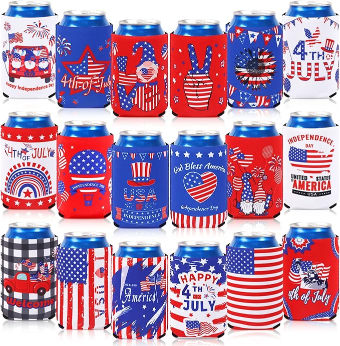 4th of July Can Cooler Sleeves, 18pcs American Flag Beer Drink Can Bottle Cooler Sleeves Collapsible for Fourth of July Coozies Bulk Independence Day Party Decorations Supplies Favors