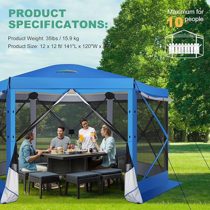 COBIZI 12x12 FT Pop Up Canopy Extendable Tent, Gazebos On Clearance with Removable Roof, Screened in Gazebo,Screen Tents Portable carpas para Patio for Outdoor Camping,Backyard,Garden, Blue(Upgraded)