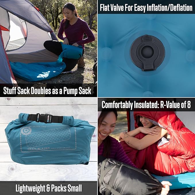 ALPS Mountaineering Trailblazer Insulated Sleeping Pad – Lightweight Backpacking Air Pad with R-Value 8, Cold-Weather Insulation, Compact Pack Size & Pump Sack for Camping and Backcountry Travel