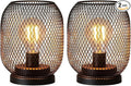 DECORKEY Set of 2 Battery Operated Lamp LED Table Lantern, Brown Metal Cage Cordless Lamps with LED Bulb，Vintage Decorative Outdoor Lantern for Weddings, Parties, Patio, Events for Indoors Shelf Decor