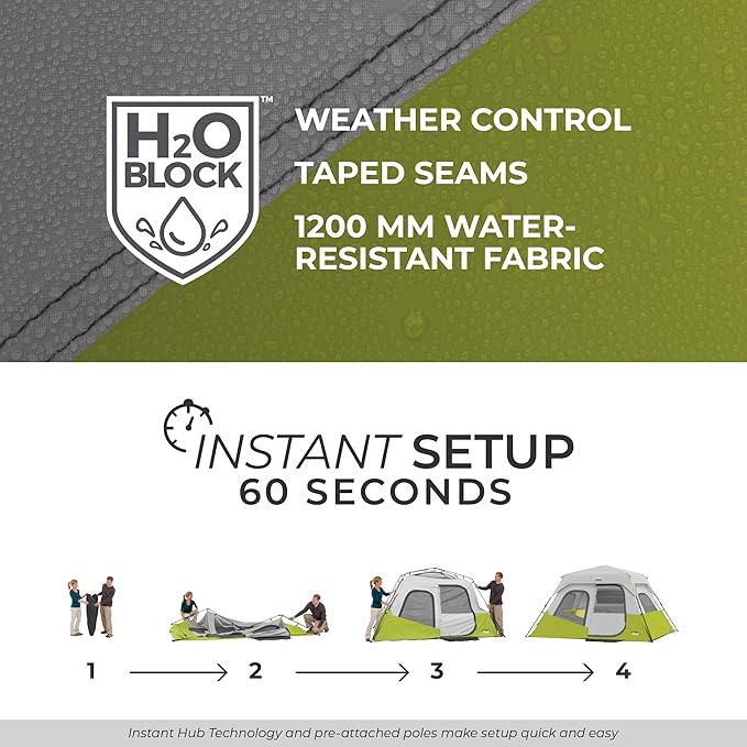 CORE Instant Cabin Tents | 6 Person / 9 Person / 10 Person / 12 Person Family Cabin Multi Room Pop Up Tents Car Camping | Included Storage Pockets for Camping Accessories