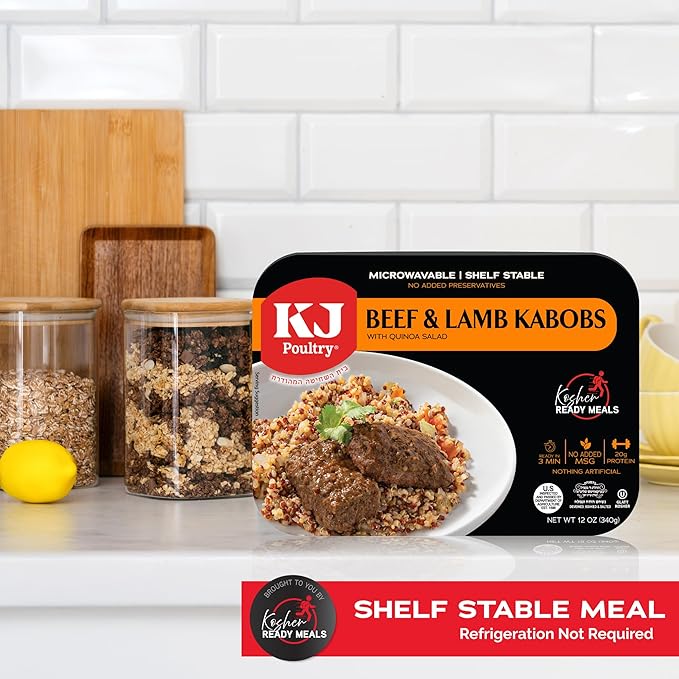 KJ Poultry Kosher Ready Meals - Beef Lamb Kabob & Quinoa, MRE Meat Meals Ready to Eat (6 Pack) Prepared Entree Fully Cooked, Shelf Stable Microwave Dinner Travel, Military, Camping, Emergency Survival