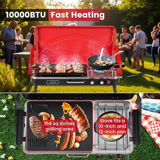 HAPPYGRILL Portable Camping Stove, 2-Burner Propane Grill Cooker with Removable Leg Stand, Roast Grill, Dual Control Knobs, Wind Guards, Outdoor Gas Grill for Camping BBQ Picnic, Red