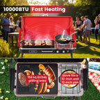 HAPPYGRILL Portable Camping Stove, 2-Burner Propane Grill Cooker with Removable Leg Stand, Roast Grill, Dual Control Knobs, Wind Guards, Outdoor Gas Grill for Camping BBQ Picnic, Red