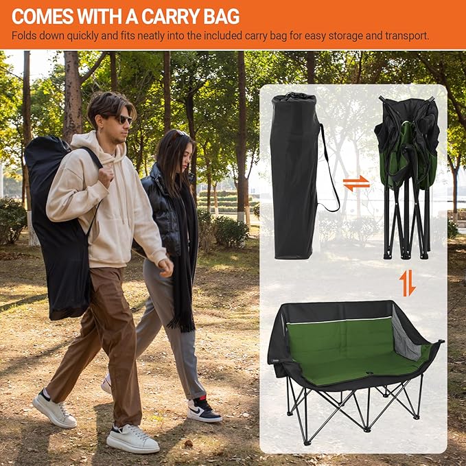 Double Camping Chair for Adults - Heavy Duty 700LB Oversized Padded Camping Loveseat, 2 Person Folding Outdoor Chair with Cup Holders for Lawn, Backyard (Green)